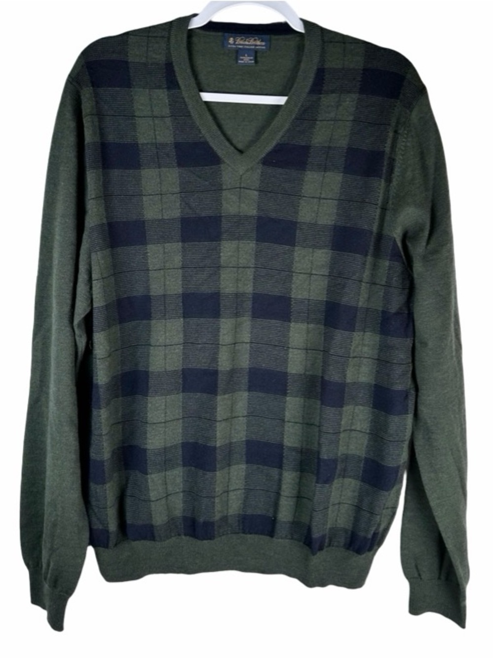 Brooks Brothers Green Navy Plaid Merino Wool V-Neck Sweater Men’s Size Large